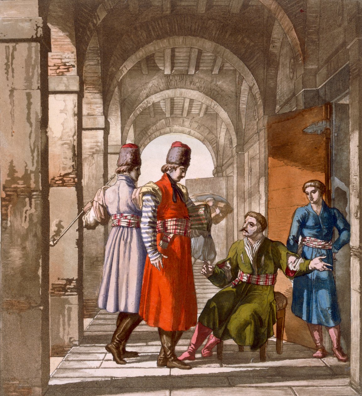 Georgiska män chattar och röker i en spelhall, ca 1820-30-talet av Italian School