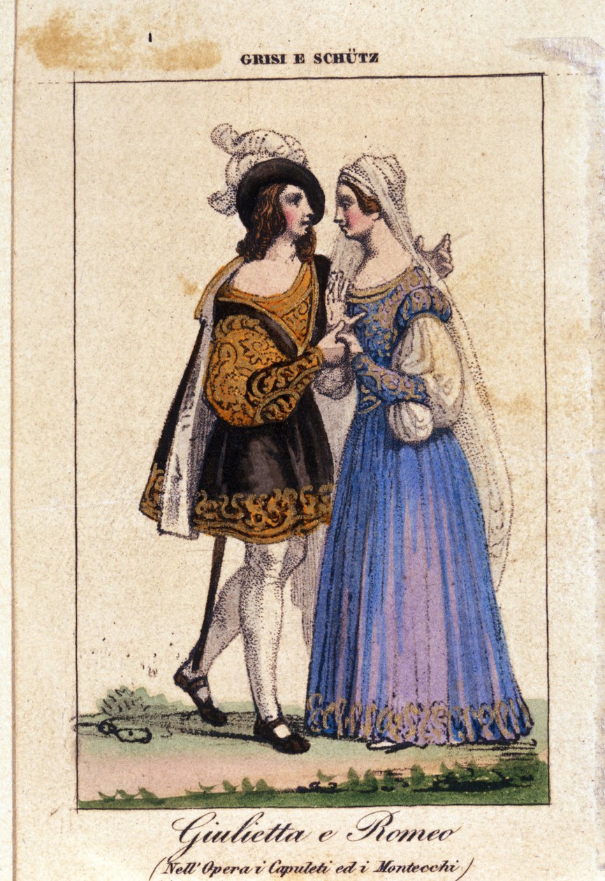 Giulia Grisi och Schutz tolkar Romeo och Julia i "I Capuleti e i Montecchi" (Les Capulet et les Montaigu) av Vincenzo Bellini av Italian School
