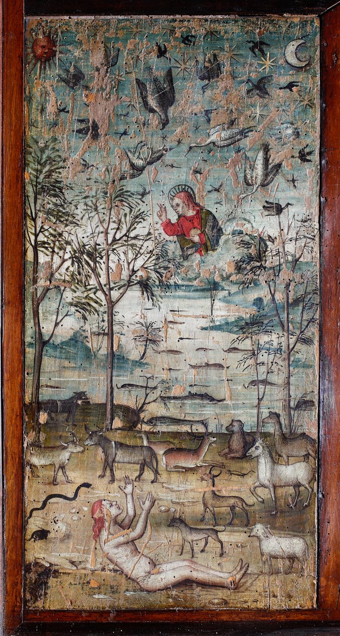 Gud skapar Adam, djur, mark, himmel och vatten Trämålning som dekorerar en skåppanel av den antika sakristian i Bramante (målning i sakristian i Bramante) Basilica di Santa Maria delle Grazie, Milano, Italien av Italian School