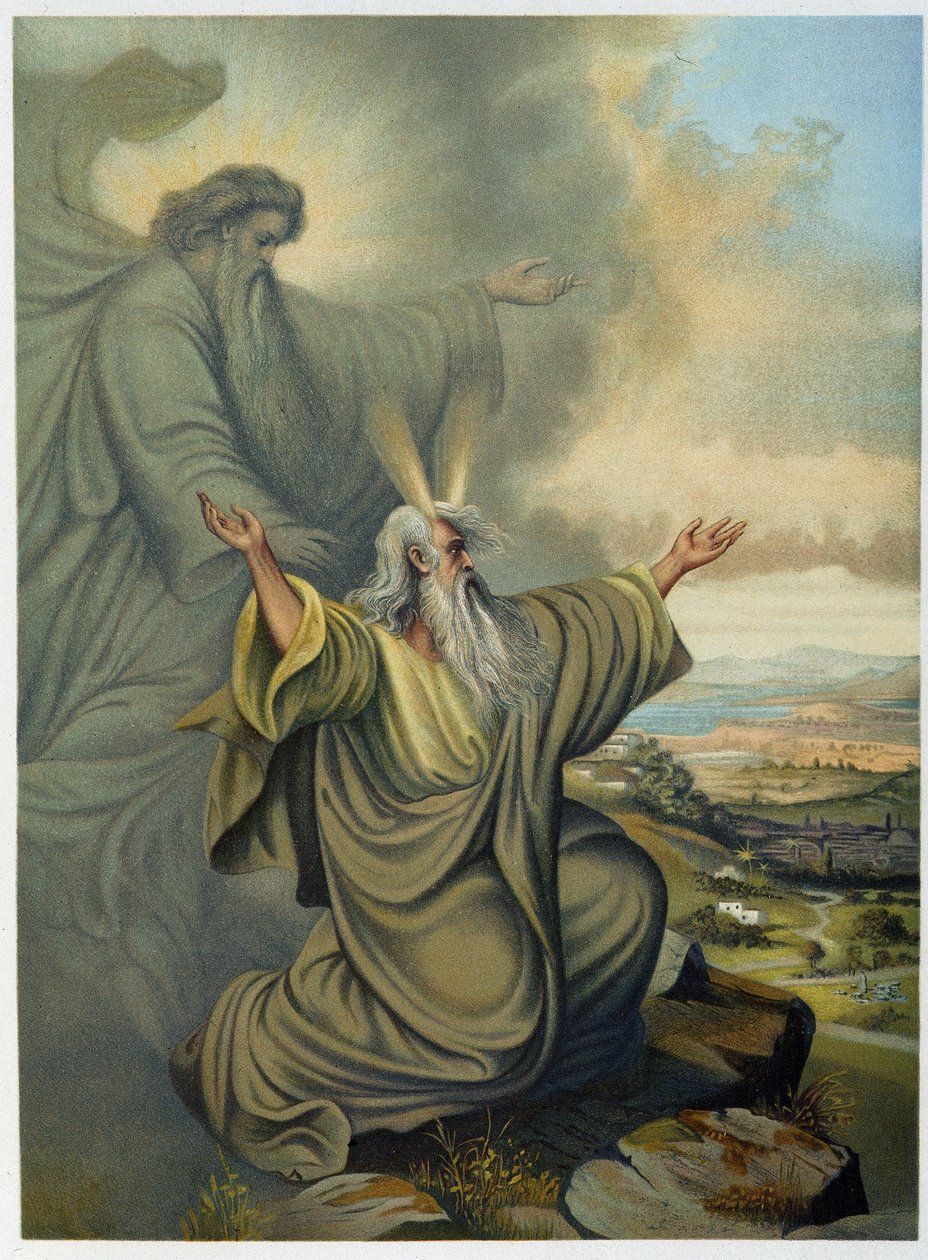 Gud visar Moses det utlovade landet - i "Classical Golden Bible: History of Divine Revelation in the Ancient and New Tension" "av Giovanni Ladislao Sykora (vol. 1), översatt av Don Clemente Benetti. (Italiensk bibel) av Italian School