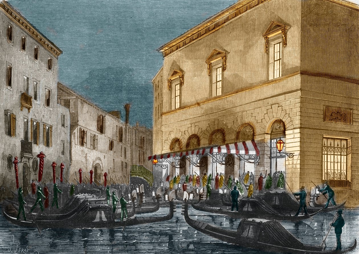 Gondoliers väntar på åskådare utanför Teatro La Fenice, Venedig, Italien, från Le Monde Illustre n°564, 1868 av Italian School