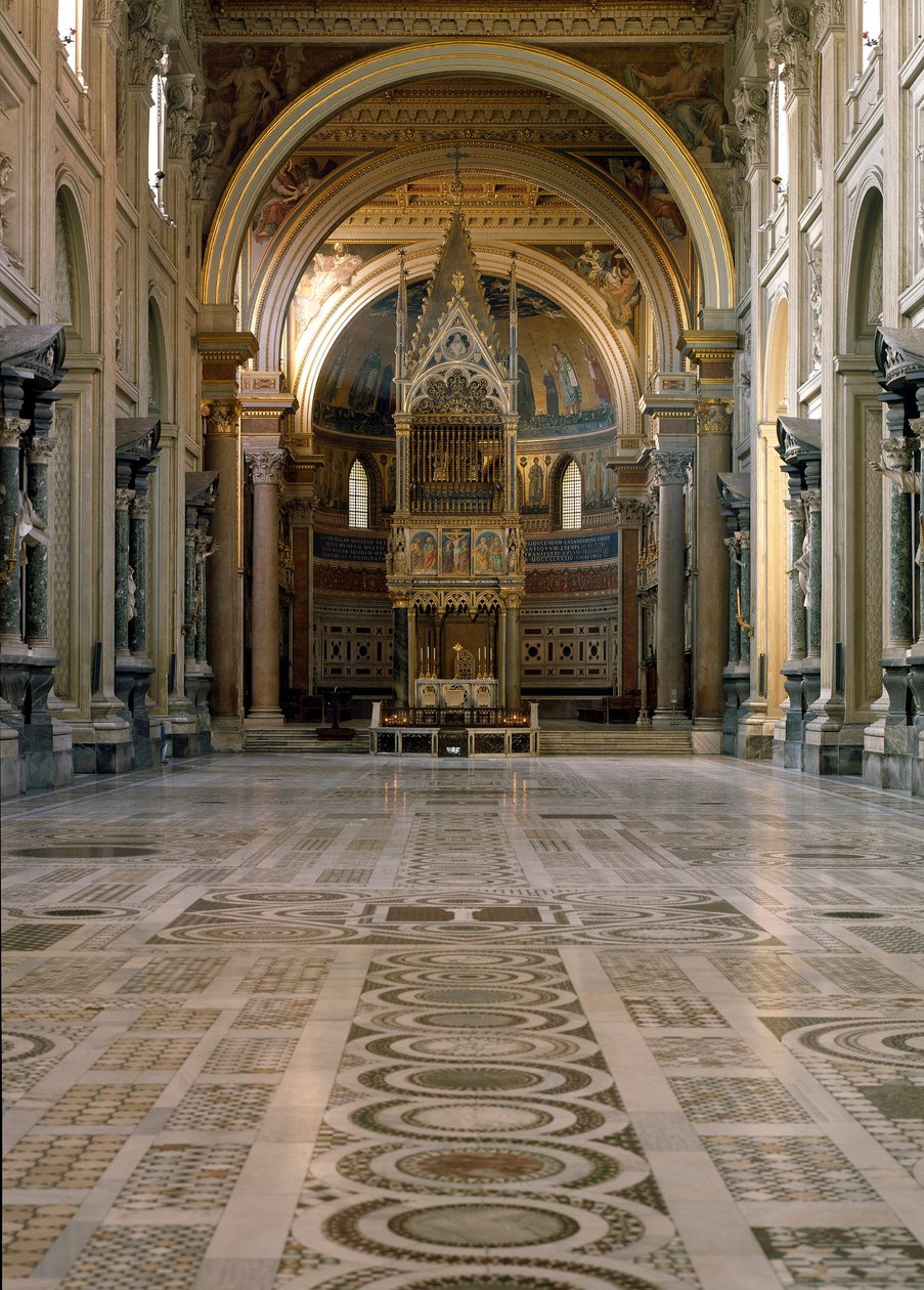 Gotisk konst: utsikt över det påvliga altaret ovanför Tabernaklet gjord av Giovanni di Stefano omkring 1367 pryder tolv paneler dekorerade med fresker av Barna da Siena (1300-talet). 1367-1368. Basilica of St. John of Laterano (San Giovanni in Laterano) av Italian School