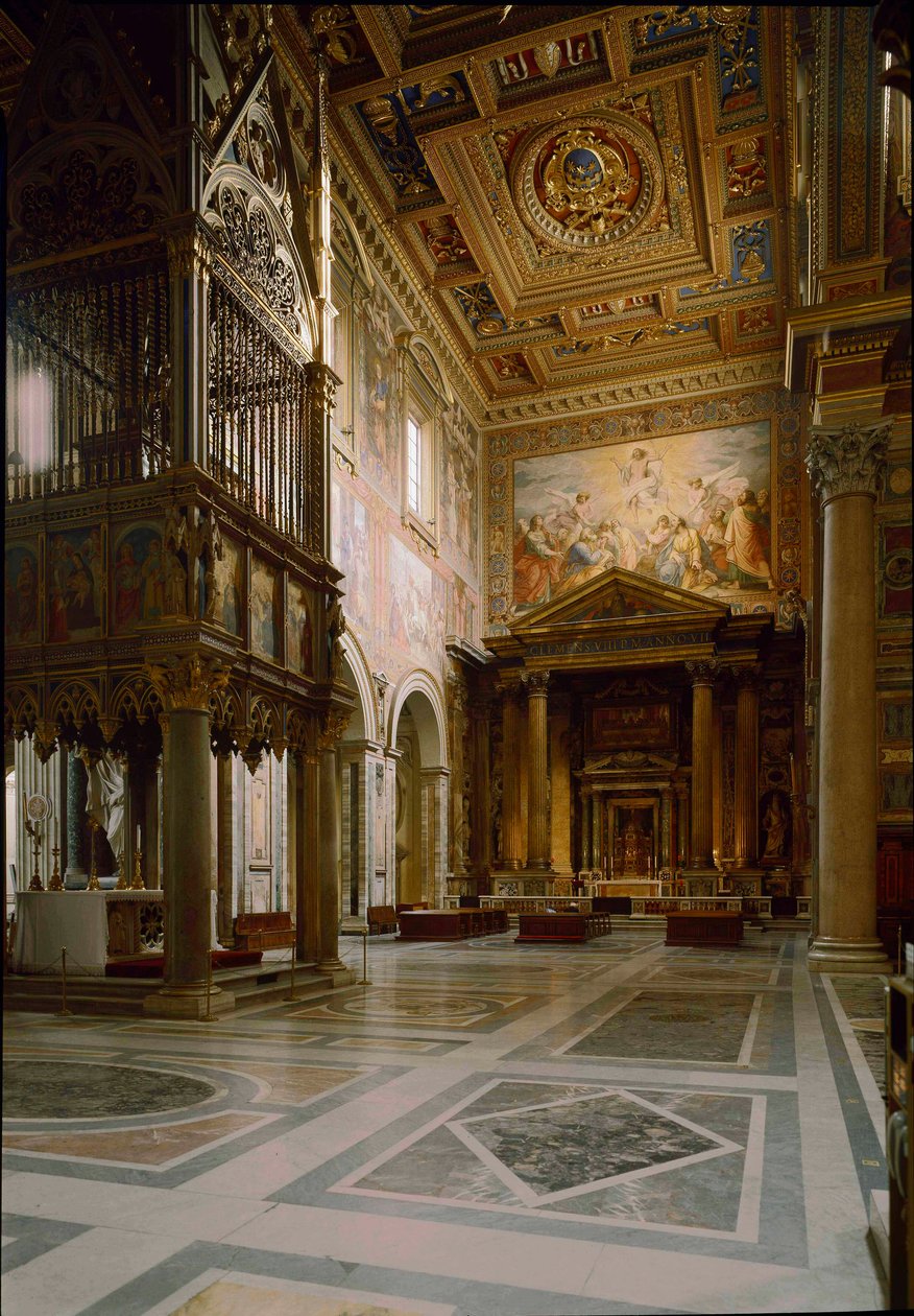 Gotisk konst: utsikt över det påvliga altaret ovanför Tabernaklet gjord av Giovanni di Stefano omkring 1367 pryder tolv paneler dekorerade med fresker av Barna da Siena (1300-talet). 1367-1368. Basilica of St. John of Laterano (San Giovanni in Laterano) av Italian School
