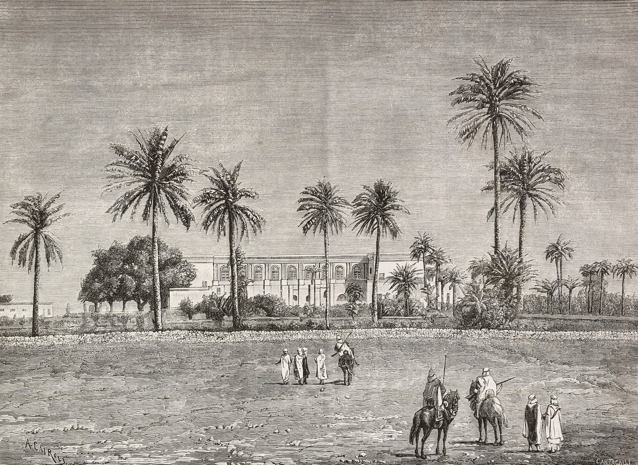 Guvernörens palats, där general Gordon bodde, Khartoum, Sudan, gravyr av Cairoli från L