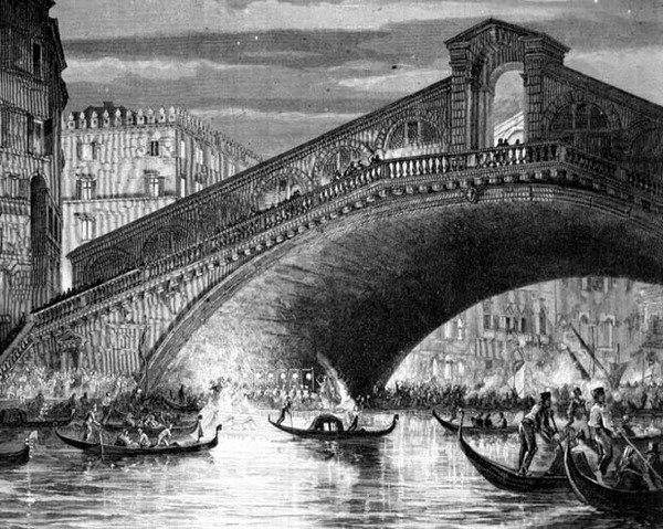 Canal Grande och Rialtobron under karnevalen av Italian School