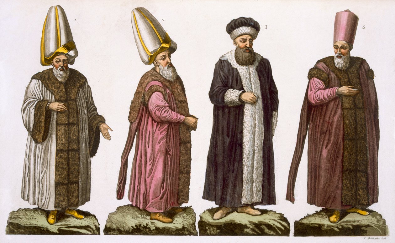 Grand Visir, Caim-Mecam, Reis-Efendi och Khodjakian, plåt 15 från del III, volym I av Nationernas historia, graverad av C. Botticella (akvatint) av Italian School