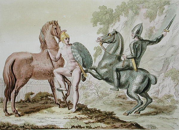 Grekiskt kavalleri, platta 44 från "Le Costume Ancien et Moderne" av Jules Ferrario, publicerad på 1820-30-talen (färglitografi). av Italian School