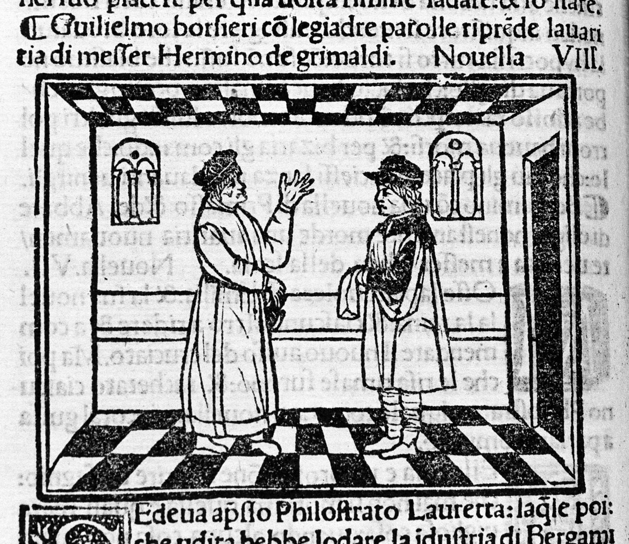 Grimaldis snåla Erminio möter Guglielmo Borsiere, som försöker få pengar ur honom med fina ord. Illustration för den nya 61:an (ny 8 från den första dagen) av "Decameron"" av Giovanni Boccaccio dit Jean Boccaccio (1313-1375), italiensk författare. Engravin av Italian School