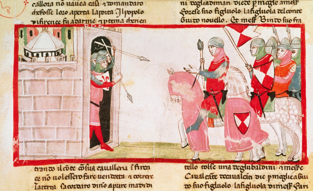 Guelfs blockerar Ghibellines från att återinträda i staden, miniatyr från Cronica (Chronicles) av Giovanni Villani, manuskript, Italien 1300-talet. av Italian School