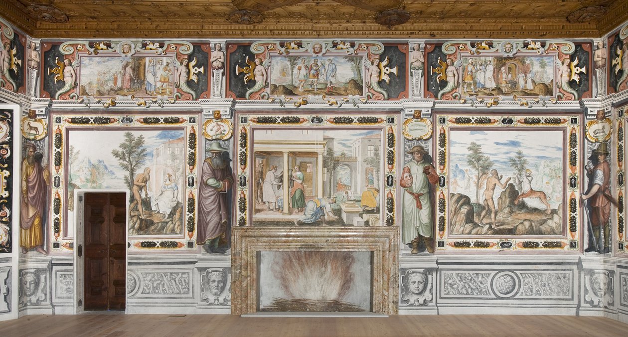 Hall of the Zodiac: Gudar som straffar män och mansfigurer som representerar årets månader (fresk) av Italian School