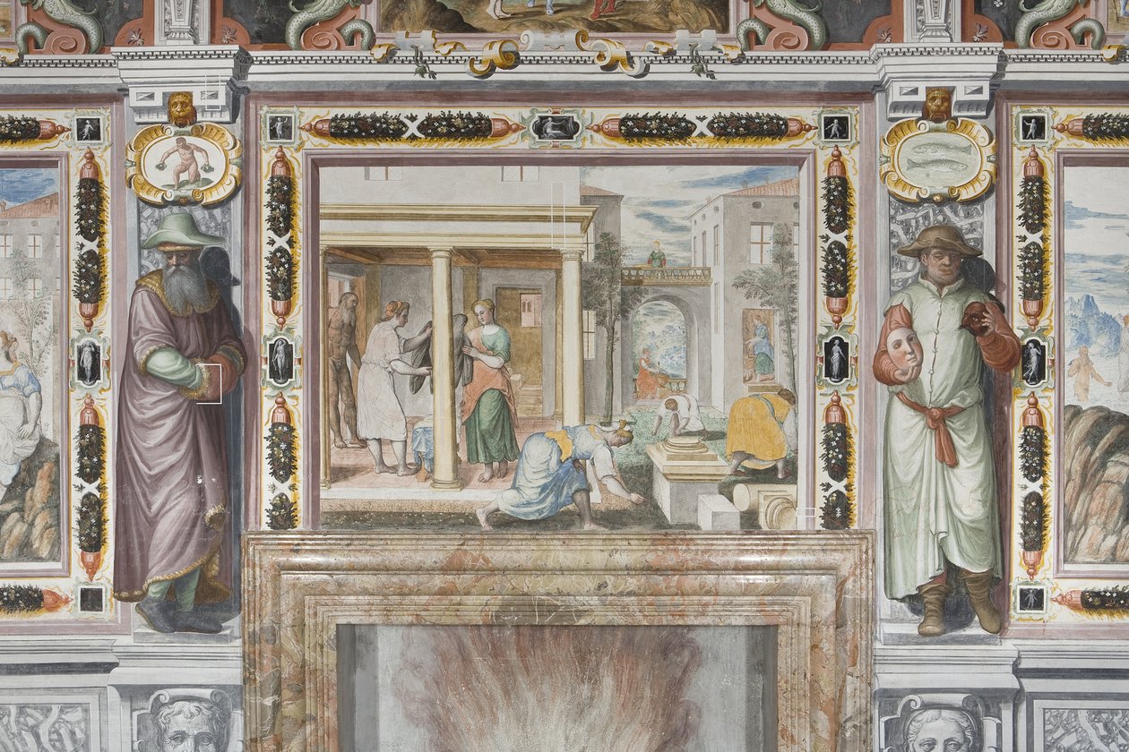 Hall of the Zodiac: Gods som straffar män och mansfigurer som representerar årets månader (fresk) (detalj av 3496554) av Italian School