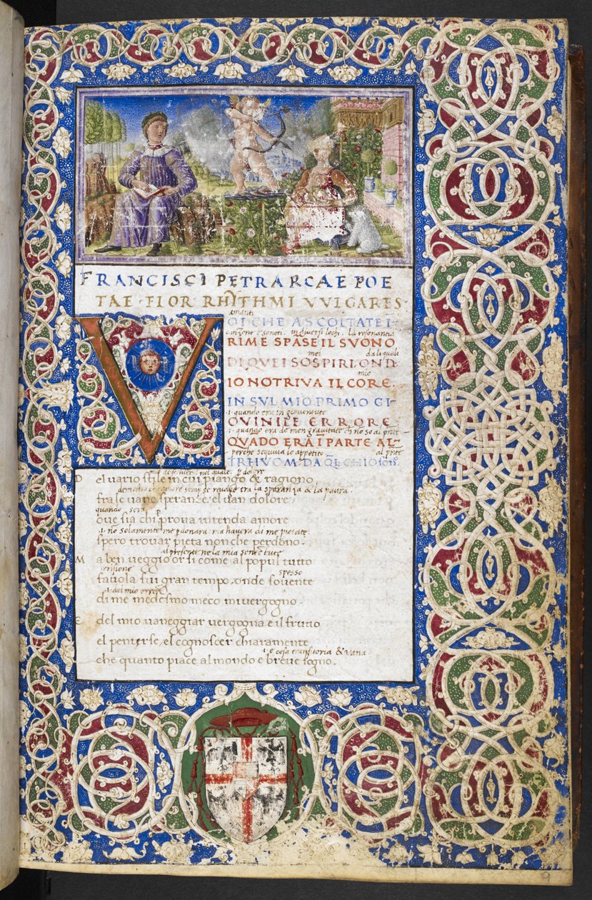 Harley 3567, f.9 Miniatyr av Petrarch och Laura, med kärlek riktad sin pil mot Laura, från 