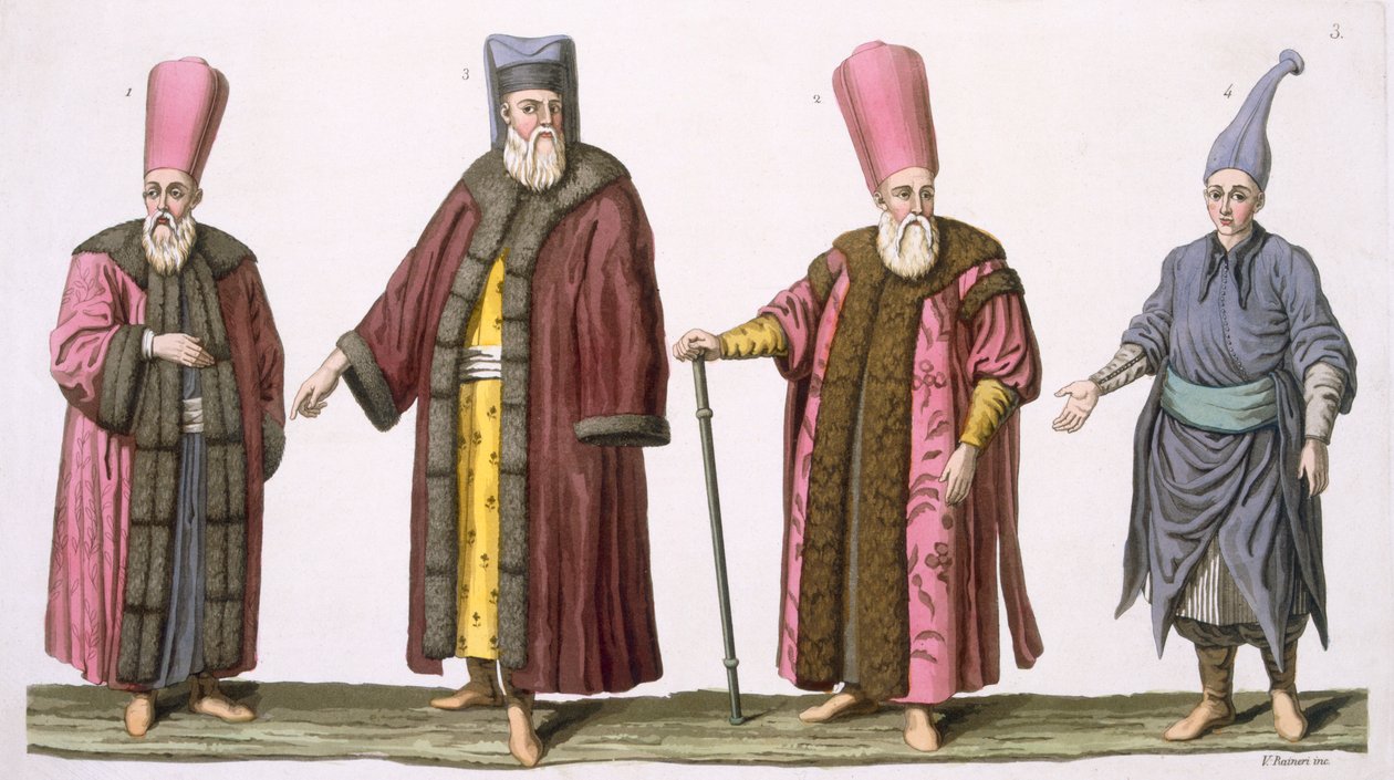 Head Usher of the Harem, Captain of the Harem Ushers, Harem Usher och Pageboy, plåt 3 från del III, volym I av Nationernas historia, graverad av V. Raineri (akvatint) av Italian School