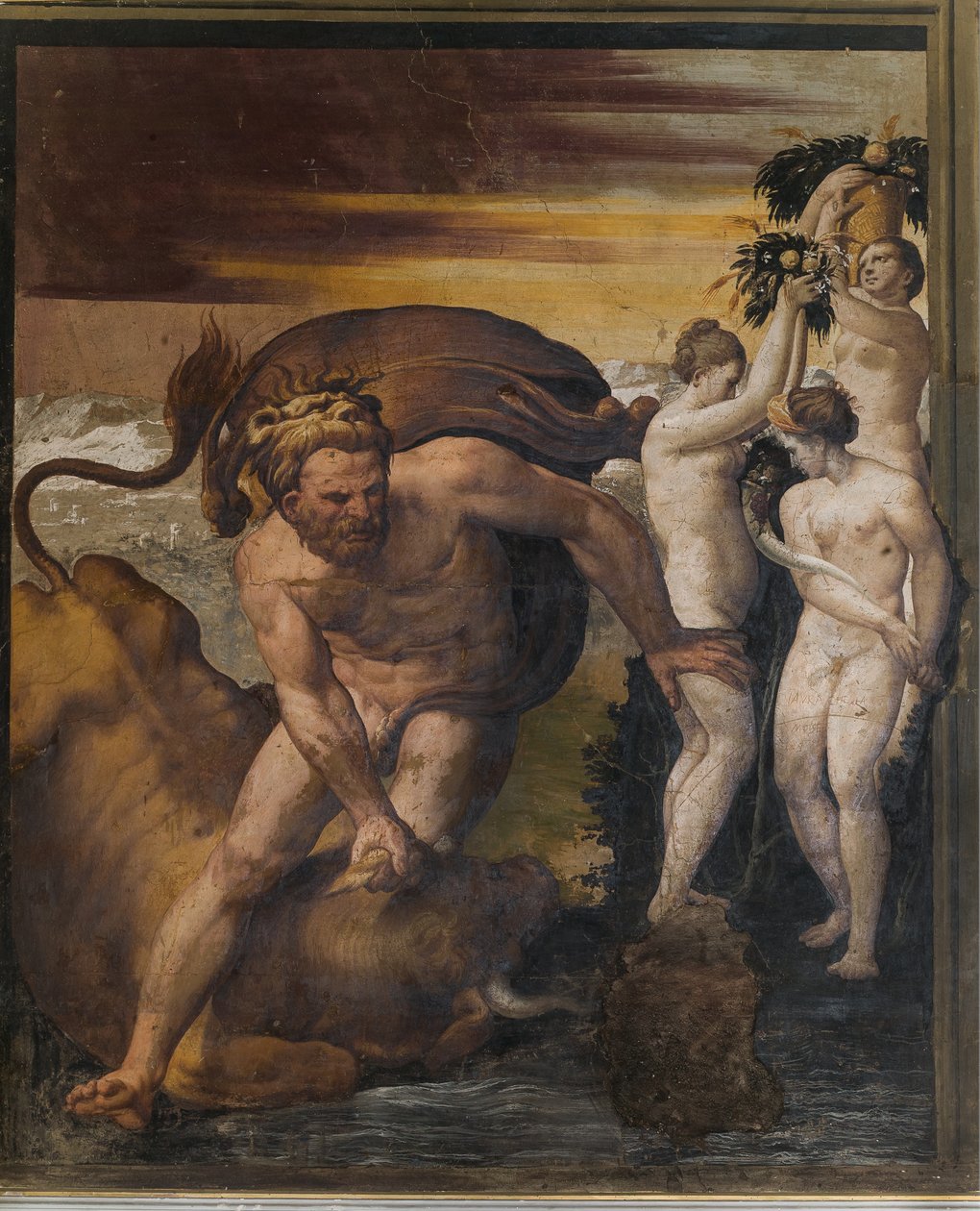 Hercules dödar den kretensiska tjuren, från Gula rummet, Rocca Meli Lupi, Soragna, Parma av Italian School