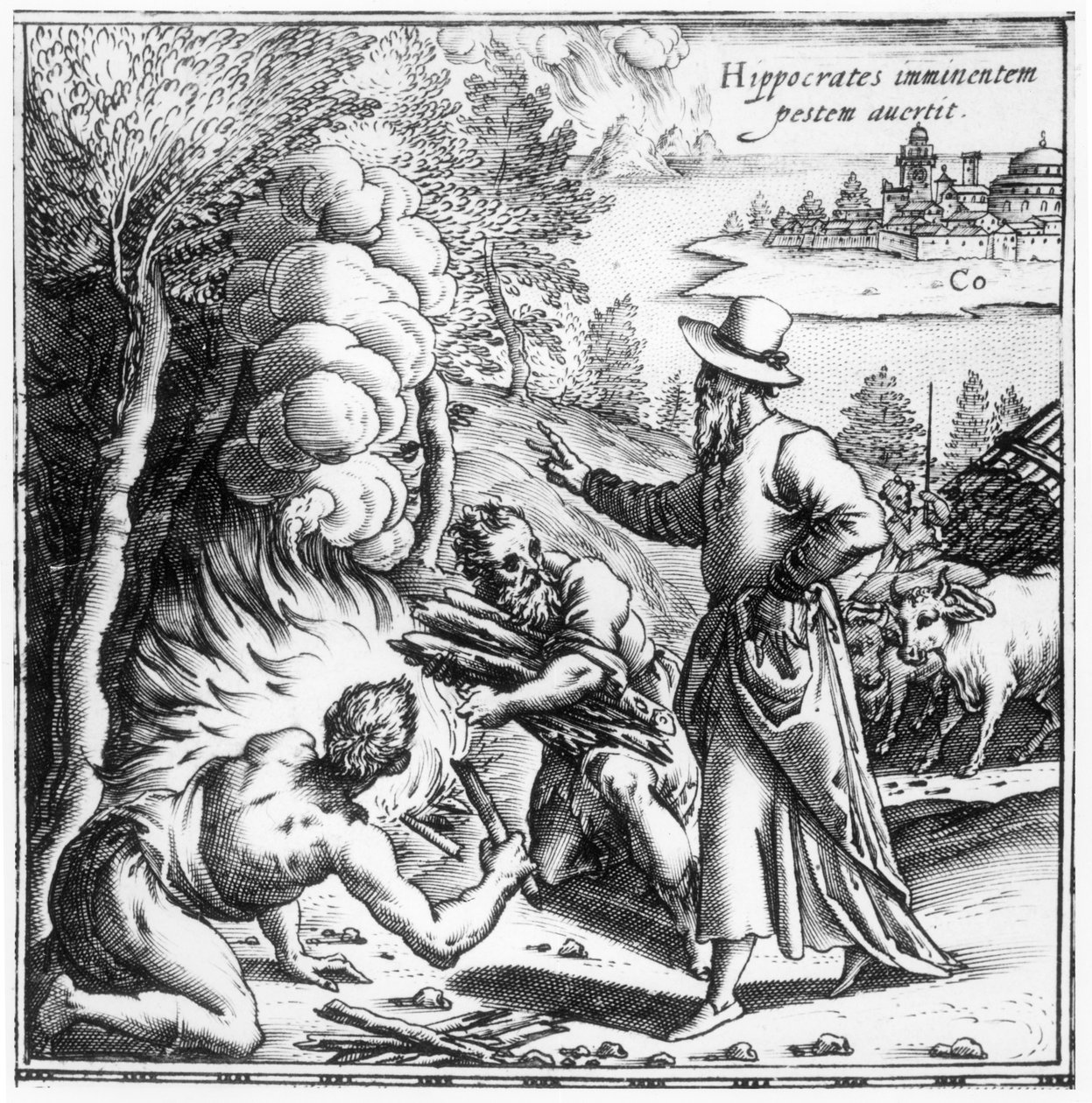 Hippokrates (c.460-c.377 f.Kr.) förklarar vikten av smitta i pestepidemin, titelsida från Hippocratis Opera Quae Extant, pub. i Venezia, 1588 av Italian School
