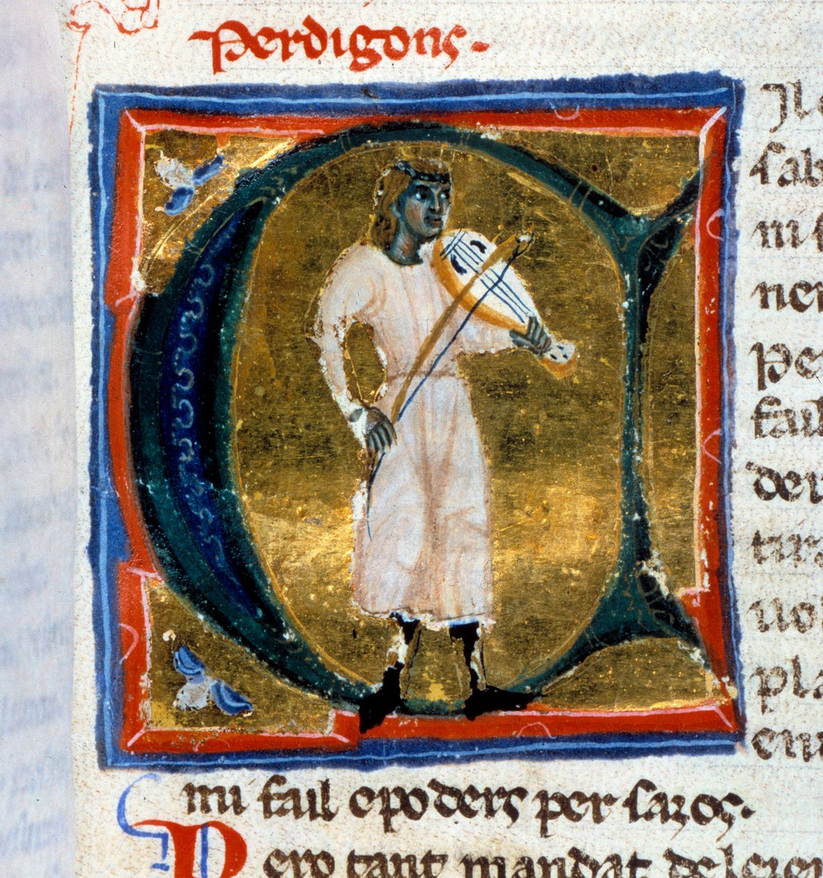 Historikerbrev (bokstav A). Perdigon-trubaduren spelar den gamle mannen. Minatyr hämtad från manuskriptet "" Chansonnier provencal"" (Folio 36), skriven av Perdigon och kopierad av Atelier of Venice-Padua av Italian School