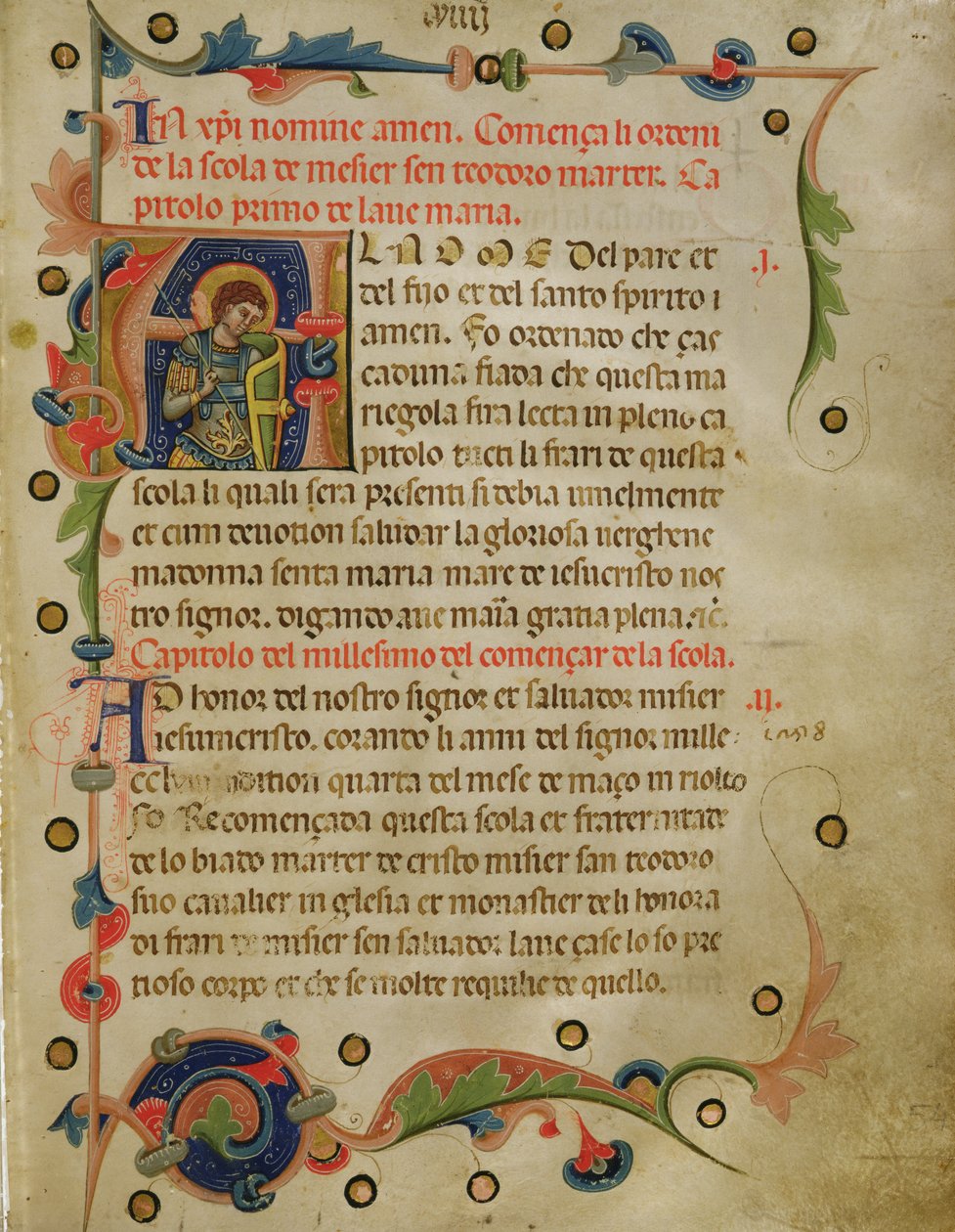 Historikert initial "A" som visar St. Theodore, från en Mariegola, 1350 (bläck på veläng) av Italian School