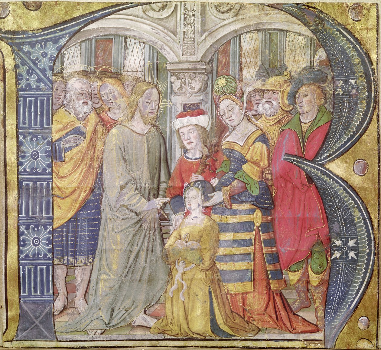 Historikerad initial B som visar Kristus som helar en besatt kvinna av Italian School
