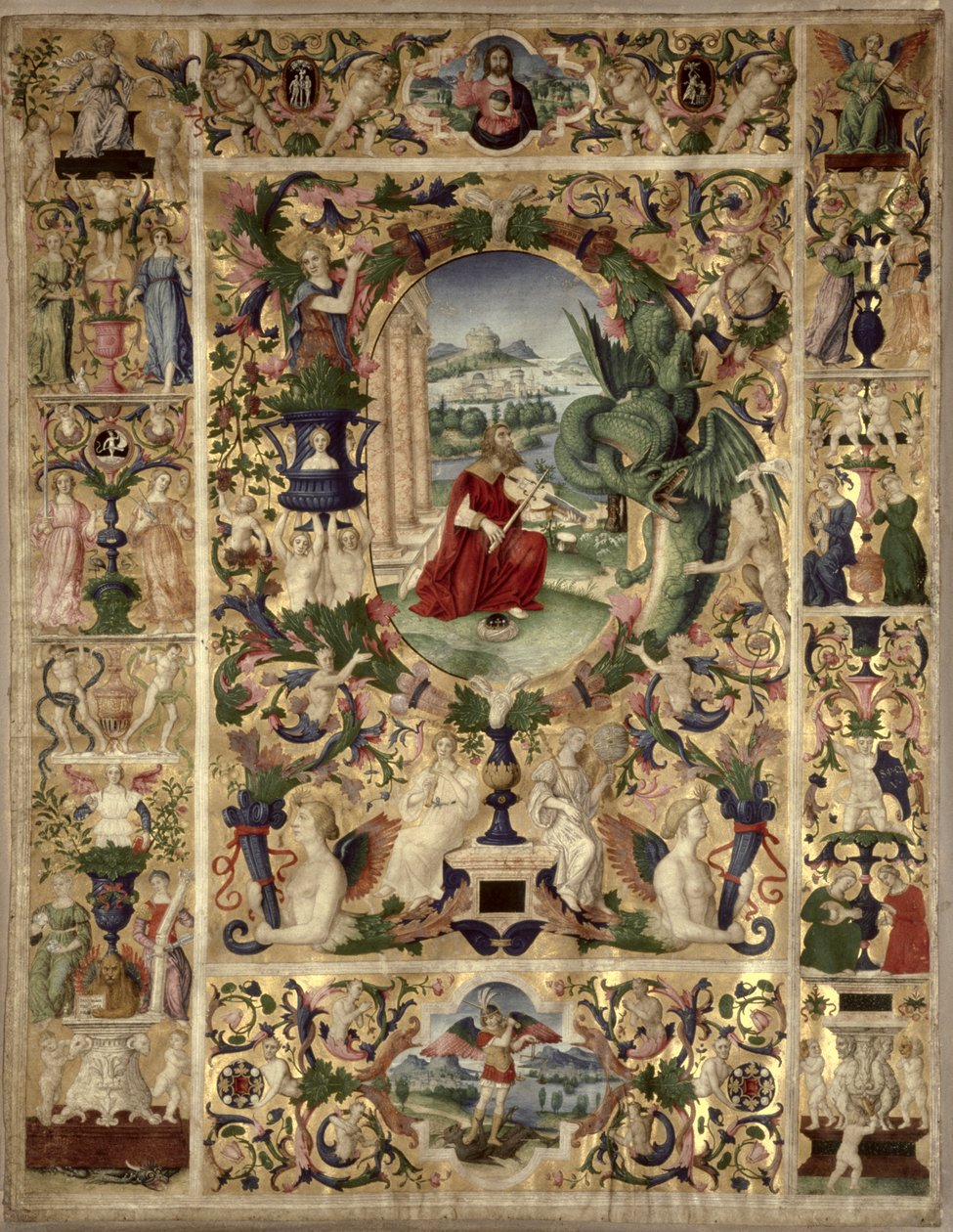 Historikerad initial B som föreställer kung David som spelar en viola av Italian School