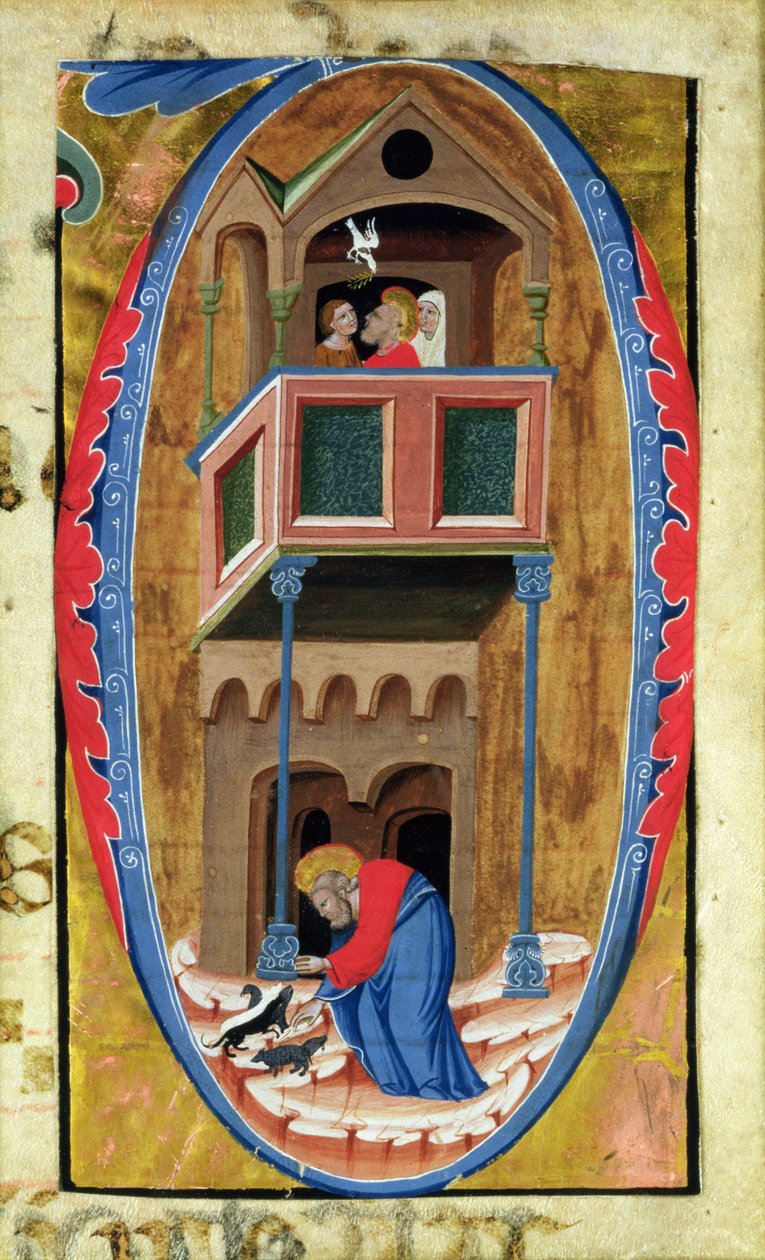 Historikert initial D som visar scener från Legend of a Saint, sent 1300-tal, av Italian School