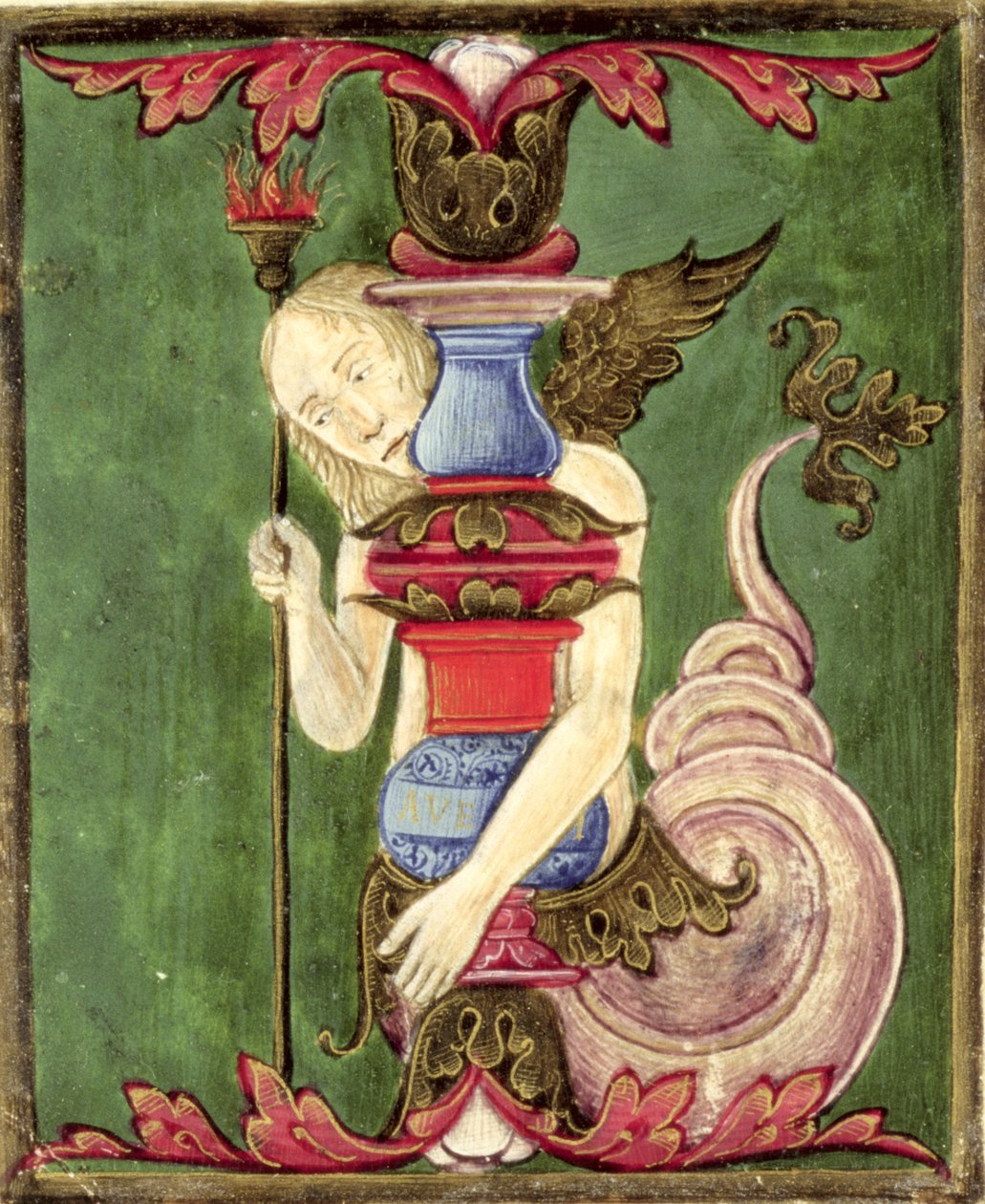 Historikert initial "jag" som föreställer en bevingad sjöjungfru (vellum) av Italian School
