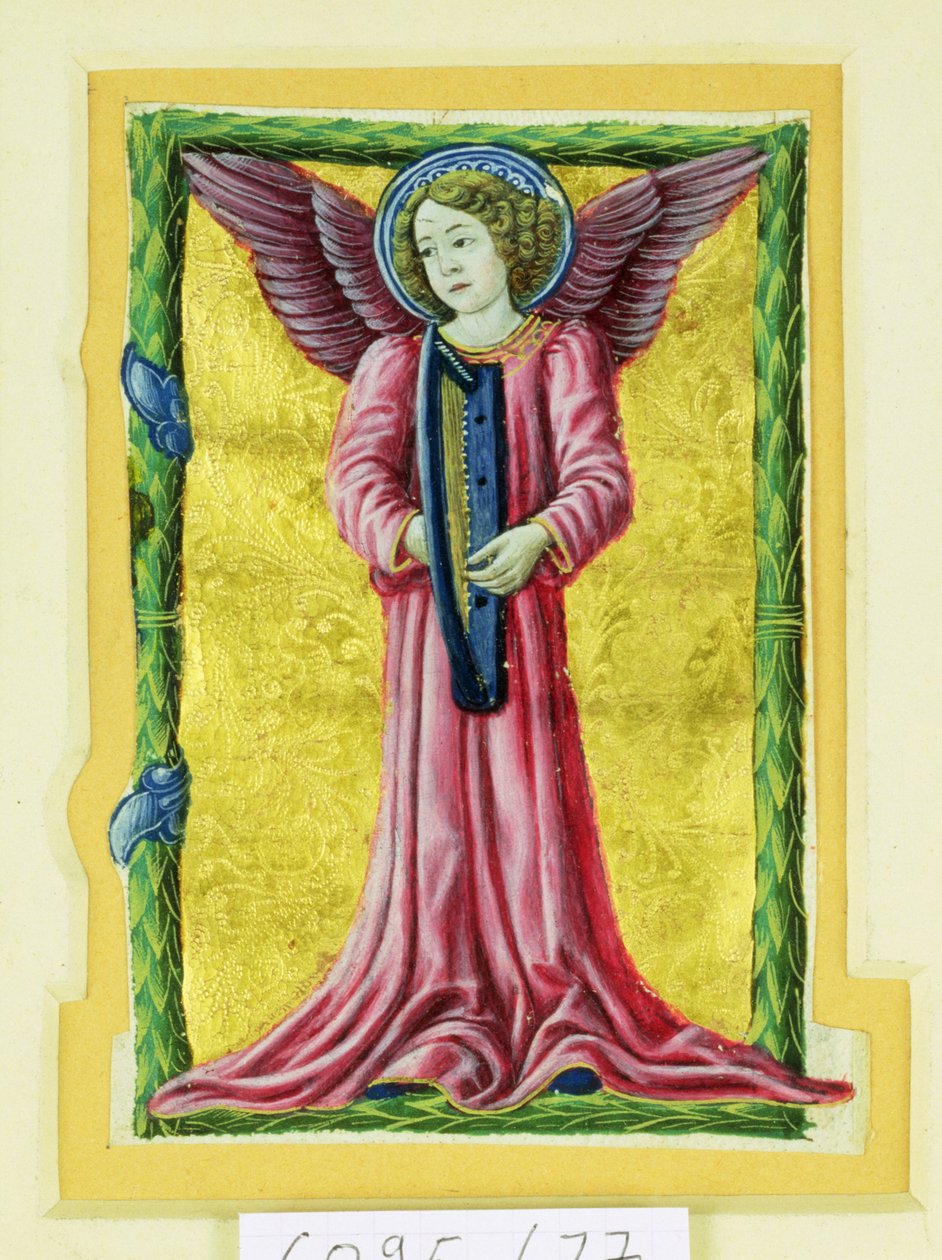 Historikert initial "jag" som visar en ängelmusiker som spelar en harpa (vellum) av Italian School