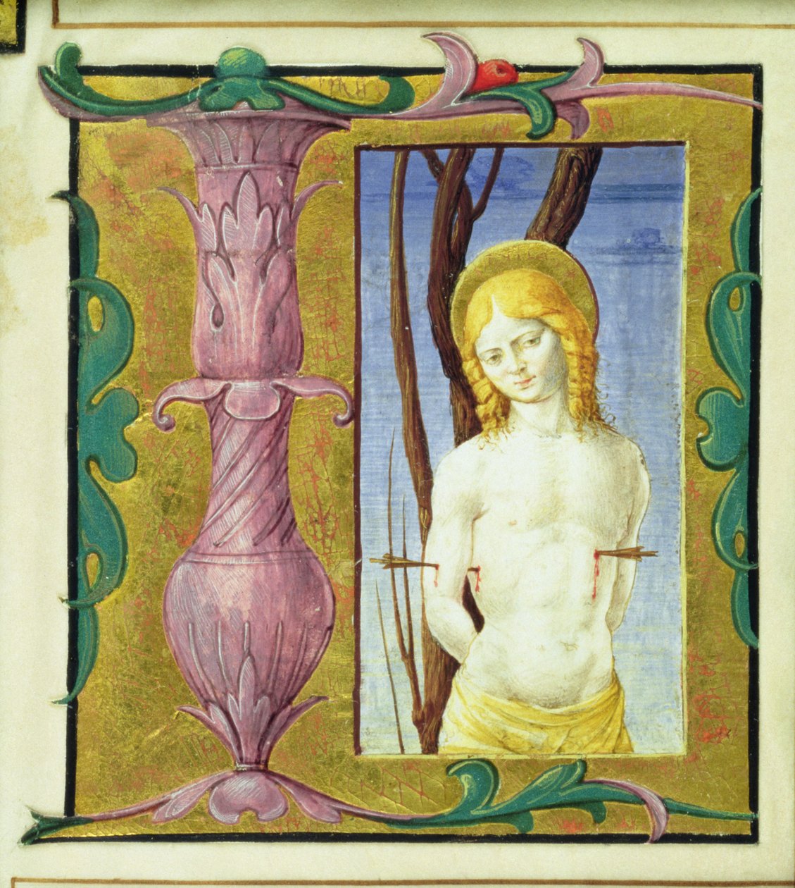 Historikert initial L föreställande St. Sebastian av Italian School