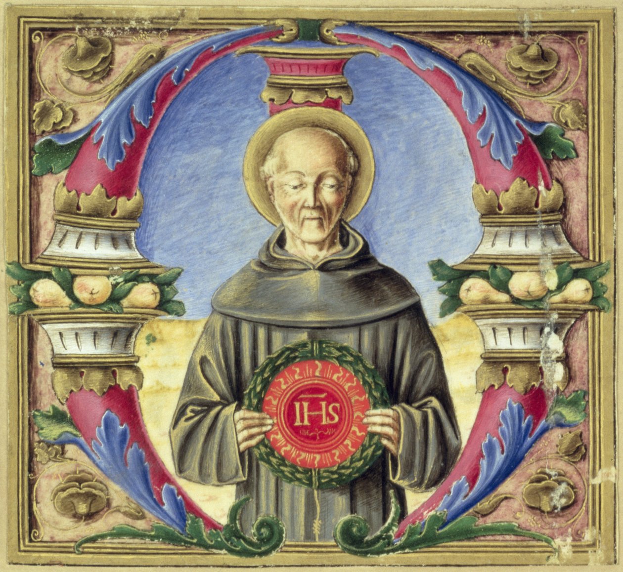 Historikert initial "M" som föreställer St Bernardino av Siena (vellum) av Italian School