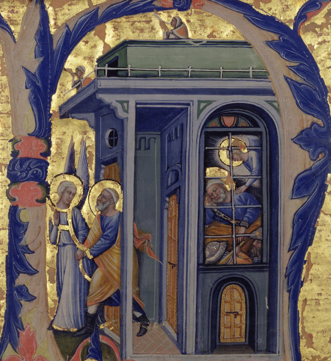 Historikert initial N som visar befrielsen av St. Peter av Italian School