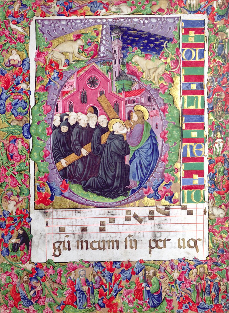 Historikerad initial "Q", föreställande Kristus som håller korset av St. Benedikt och benediktinermunkarna, från Venedig, ca 1440 (vellum) av Italian School
