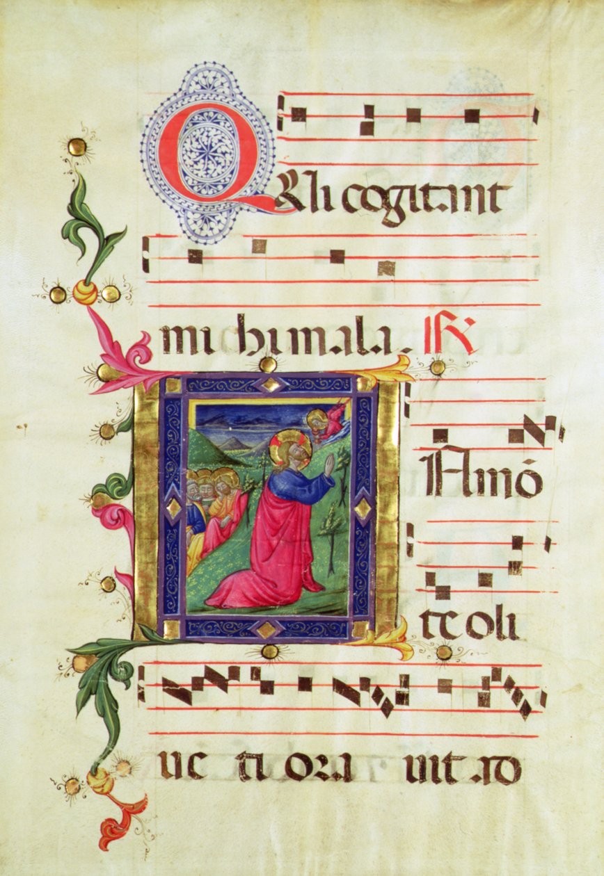 Historikert initial "Q" som skildrar smärtan i trädgården (vellum) av Italian School