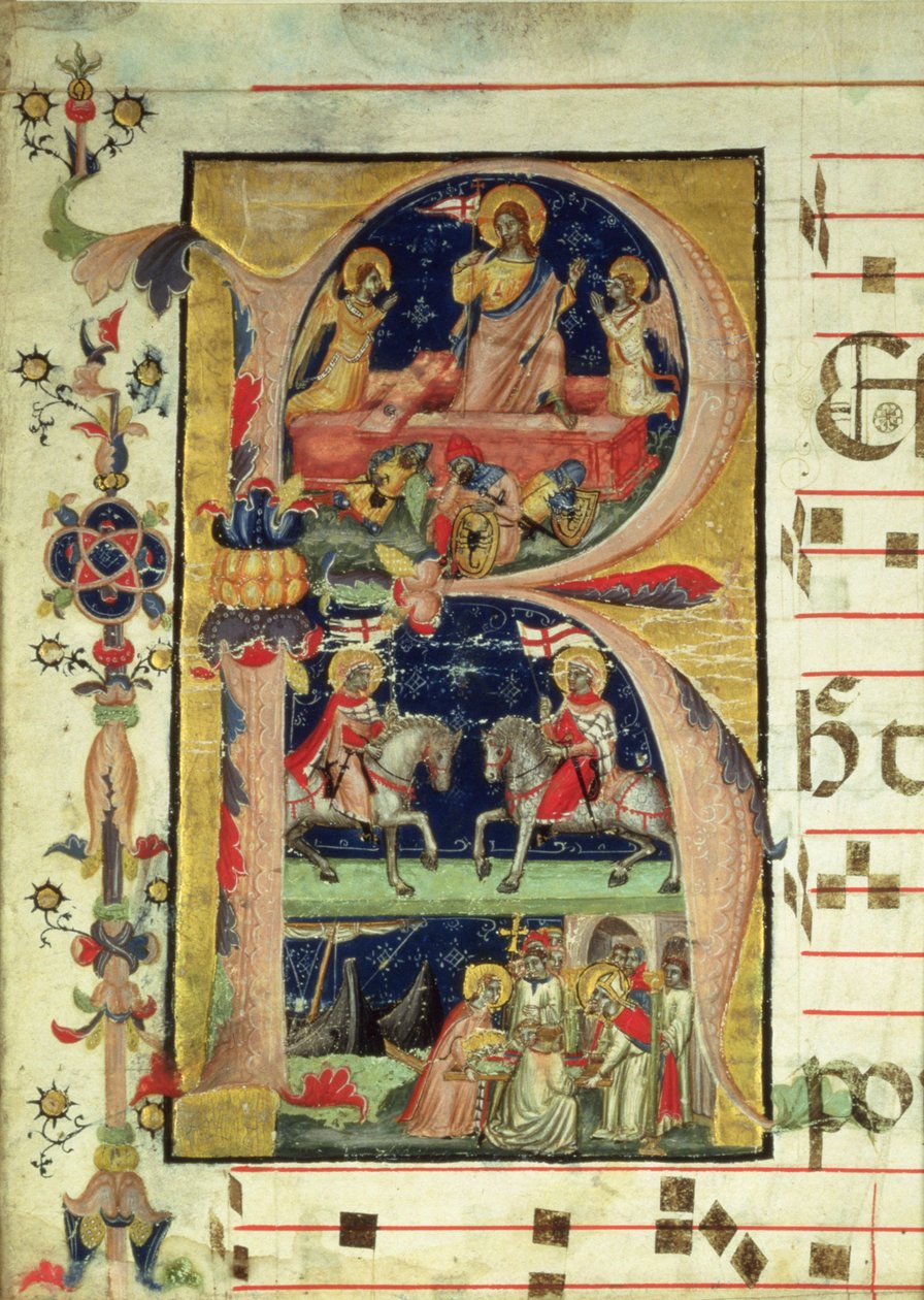 Historikert initial R som visar uppståndelsen, två riddare och ett biskopshelgon som tar emot reliker av Italian School