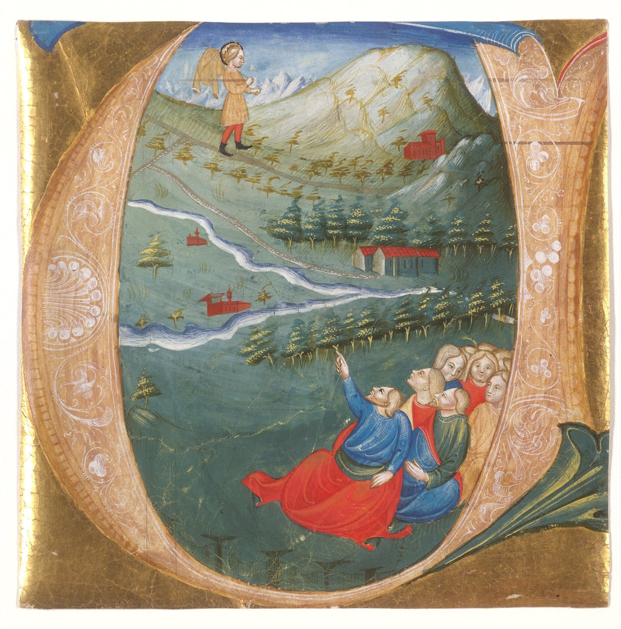 Historikerad initial föreställande Elisa i Elias mantel, utskuren från ett antifonarium, ca 1440 (tempera & bladguld på pergament) av Italian School