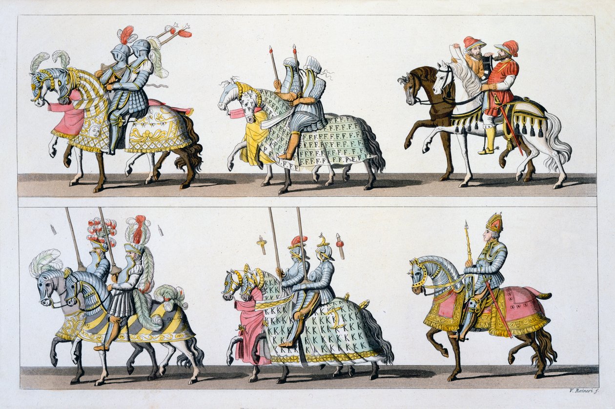 Heliga romerska riket: Deltagare i en turnering på slottet i Luxemburg på Maximilian I:s tid, från Costumi dei Romani, Svizzeri.. c.1800-18 av Italian School