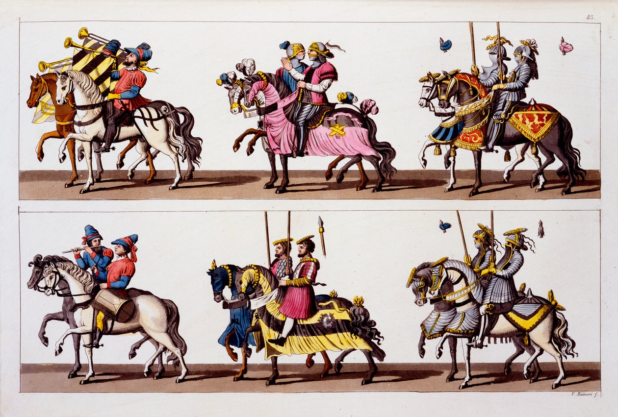 Heliga romerska riket: Deltagare i en turnering på slottet i Luxemburg på Maximilian I:s tid, från Costumi dei Romani, Svizzeri.. c.1800-18 av Italian School