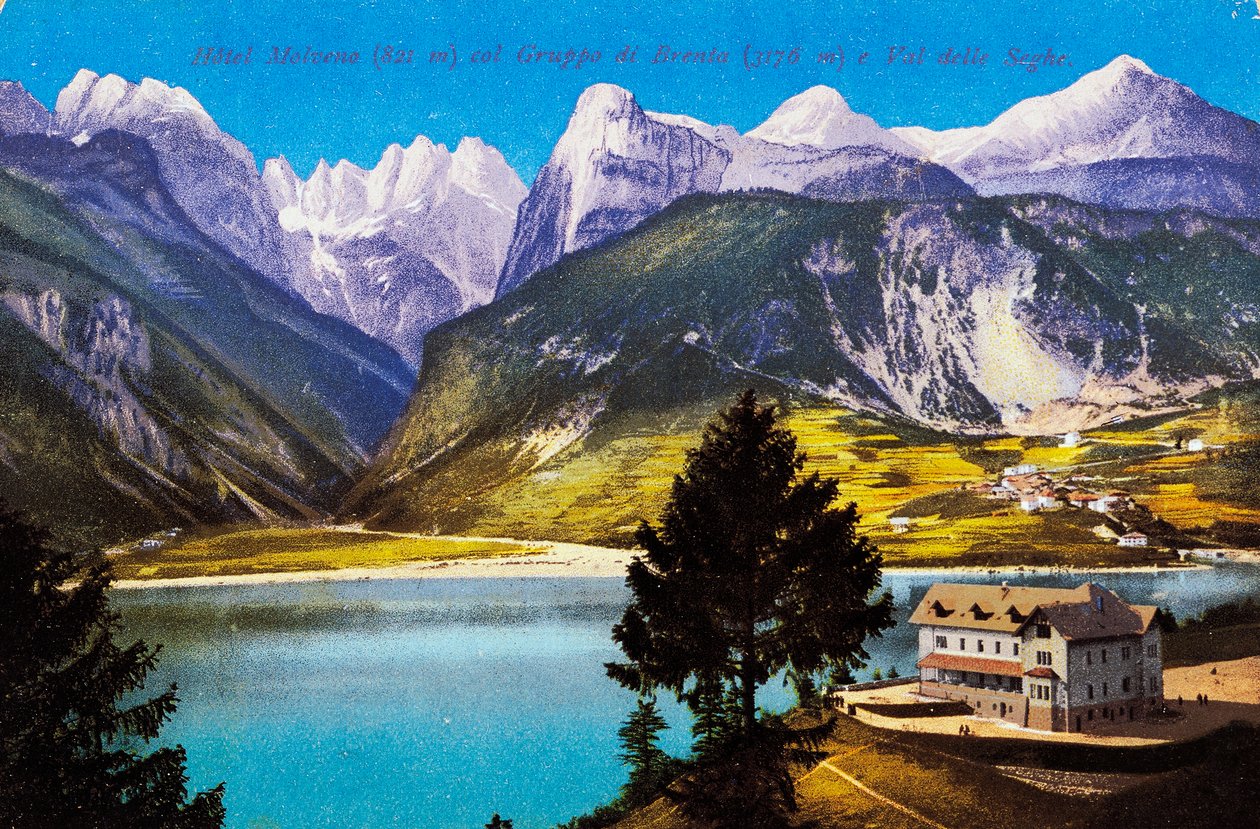 Hotel Molveno med Brentagruppen och Val delle Seghe, vykort, Trentino-Alto Adige, Italien, 1900-talet av Italian School