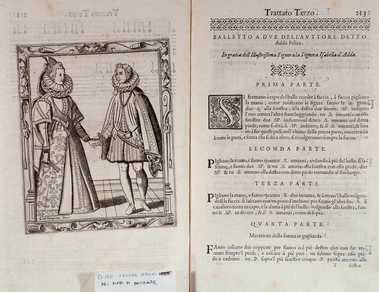 Hur man dansar en balett för två Dubbelsida av Le Gratie dAmore (Le Grazie dAmore) av den italienska dansaren Cesare Negri kallad Il Trombone (1536-1604), fördrag om dans av Italian School