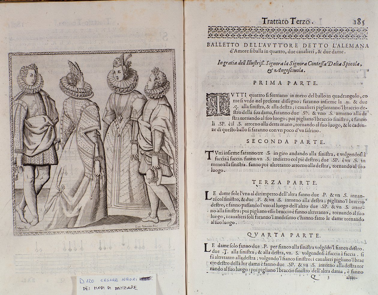 Hur man dansar Alemanna Dubbelsida av Le Gratie dAmore (Le Grazie dAmore) av den italienska dansaren Cesare Negri kallad Il Trombone (1536-1604), fördrag om dans av Italian School