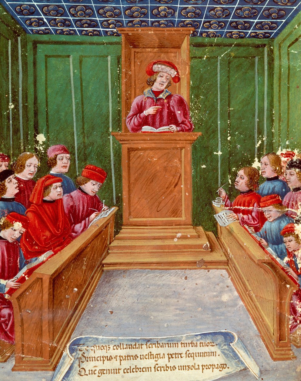 Humanism:”” Undervisar i notarialrätt vid universitetet i Bologna”” Miniatyr från ett 1400-talsmanuskript Museo Civico, Bologna av Italian School