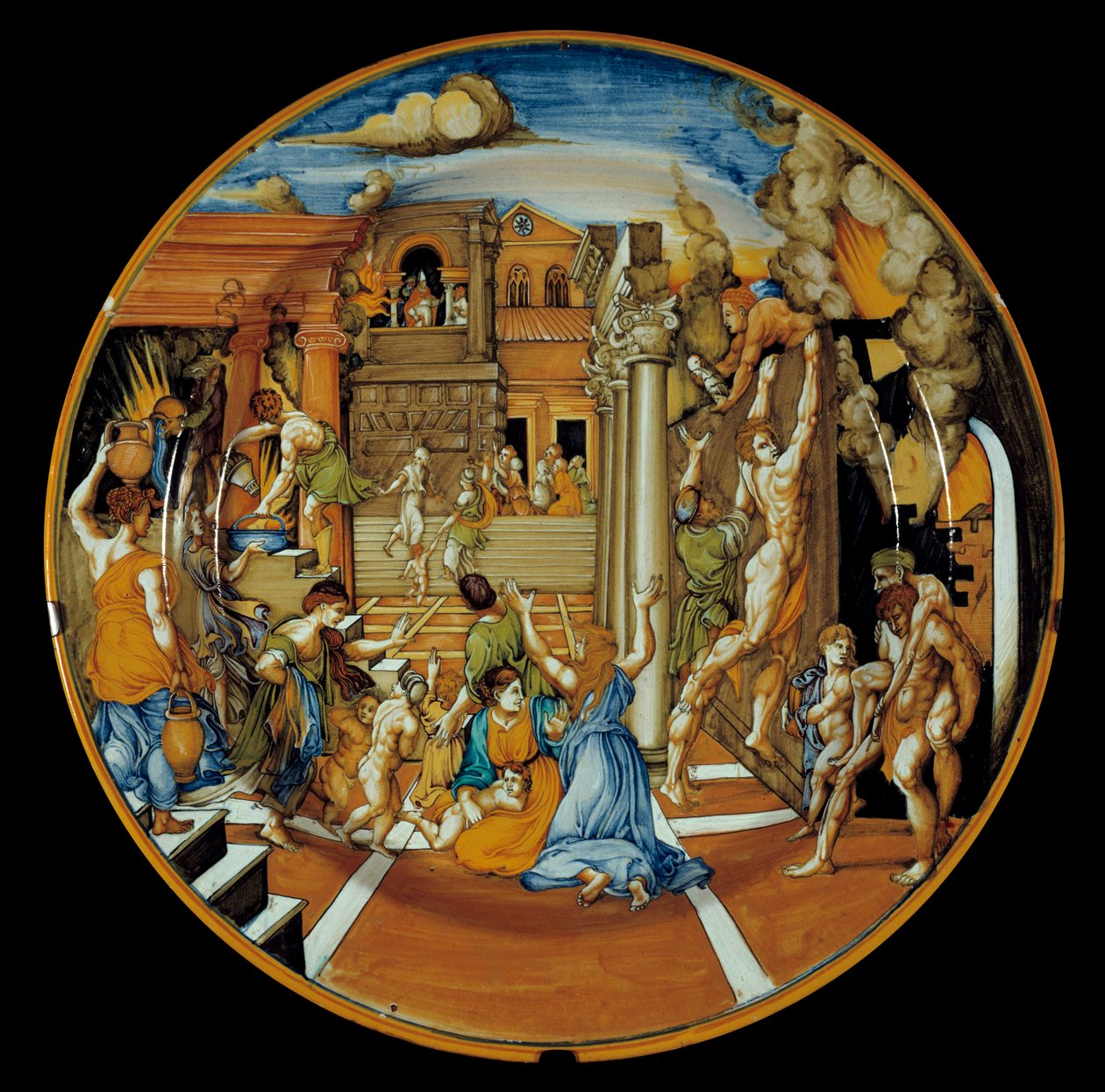 Iliaden av Homere: fajansfat som representerar Trojas eld. förverkligat i Faenza. 1525-1530. Paris, Louvren av Italian School