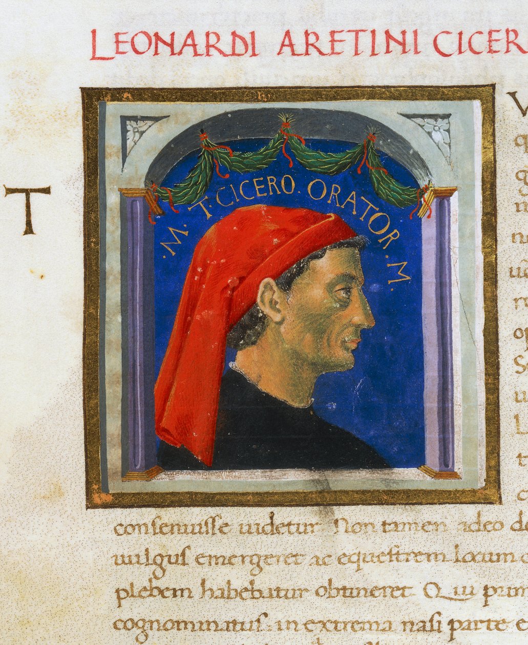 Upplyst sida med profil av Cicero, volym I, vänster 1, f 303 r, Vitae virorum illustrium, av Plutarchus (ca 46-127), manuskript, Italien av Italian School