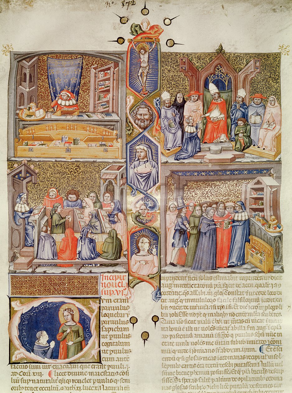 Belysning uppdelad i fyra scener: En juristkonsult vid sitt bord; En påve som erbjuds en bok; En lektion i en juridisk högskola; En bokhandel med en historisk huvudstad med St. Catherine och en Or av Italian School