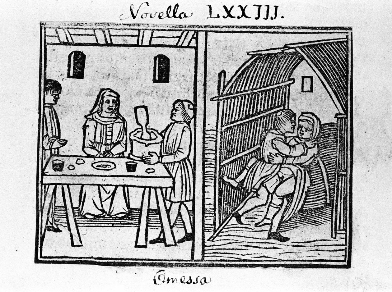 Illustration för nyheterna 73 (Ny 3 av den åttonde dagen) av "Decameron"" av Giovanni Boccaccio dit Jean Boccaccio (1313-1375), italiensk författare. Gravyr i "" Decamerone ouer Cento nouelle"" Venedig, Bartolomeo de 