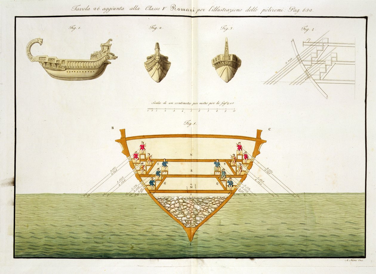 Illustration av en romersk polyrem, plåt 26, klass 5 från del I av Nationernas historia, graverad av A. Nani (akvatint) av Italian School