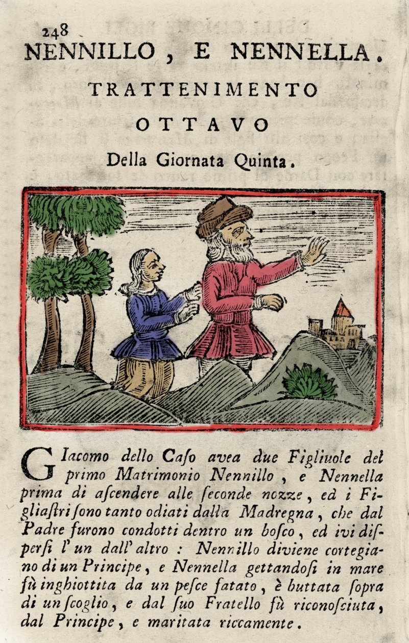 Illustration av berättelsen av Giambattista Basile (1575-1632) "" Poucet et Poucet (Nennillo och Nennella)""" från boken "" Pentamerone"", dag v, berättelse 8. Utgåvor av Neapel av Italian School