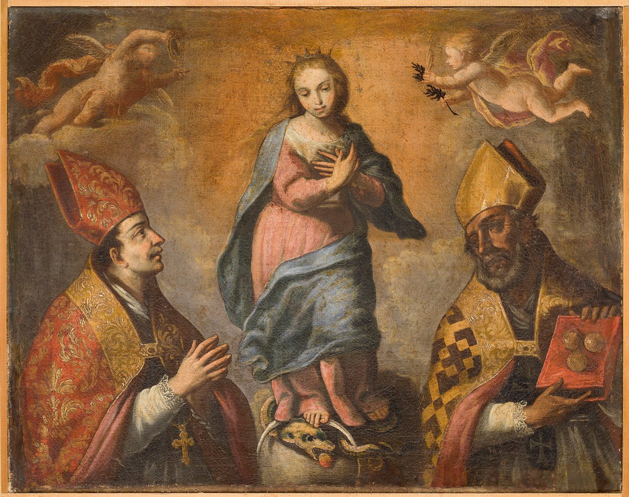 Immaculata mellan S:t Canio (eller S:t Augustinus) och S:t Nikolaus, första hälften av 1700-talet (olja på duk) av Italian School