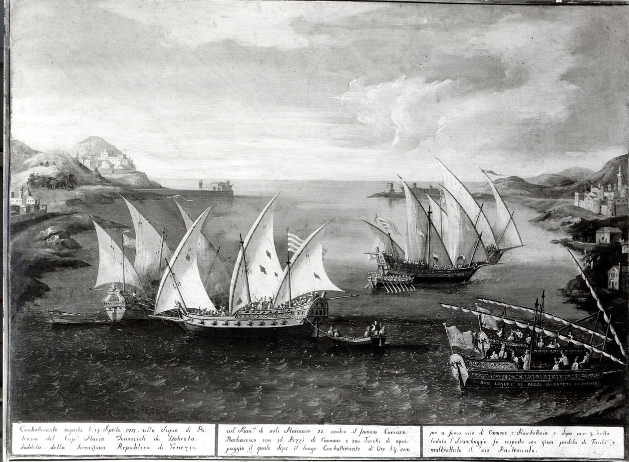 Incident utanför Patras mellan den venetianske kaptenen Ivanovich da Dabrota och den turkiska piraten Barbarossa, 17 april 1751 av Italian School