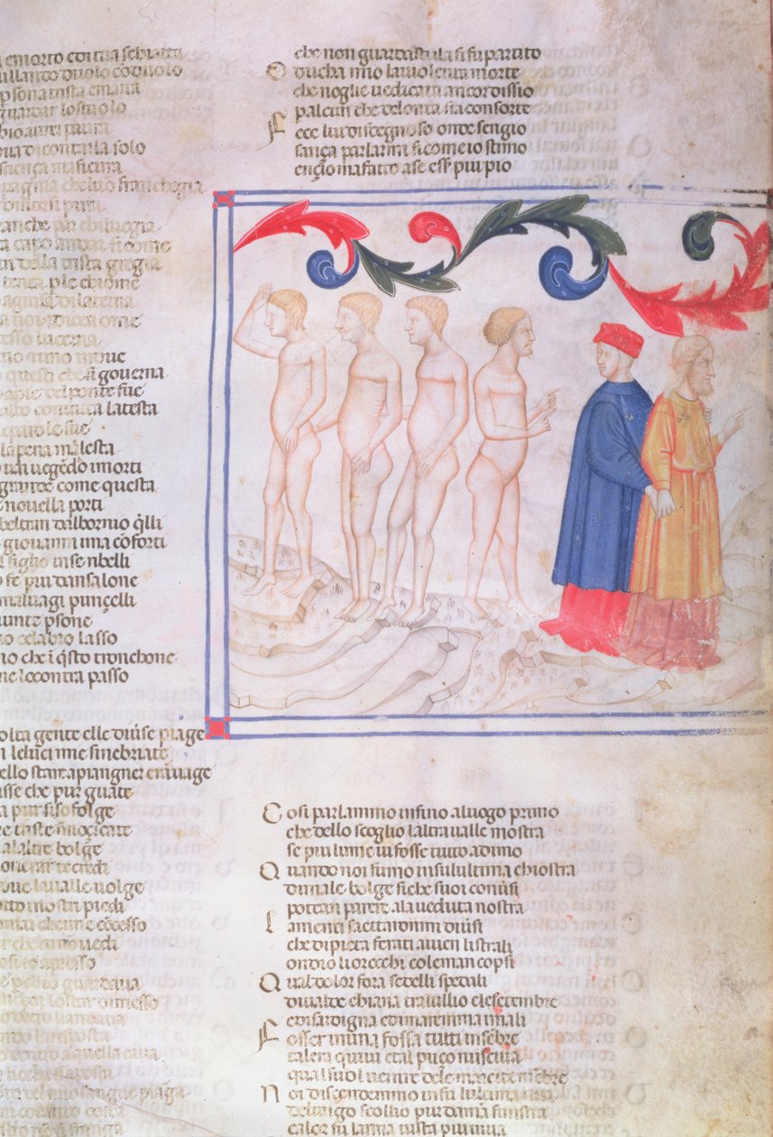 Inferno XXIX f.21r Geri del Bello in the Circle of the Falsifiers, från The Divine Comedy av Dante Alighieri (1265-1321) av Italian School