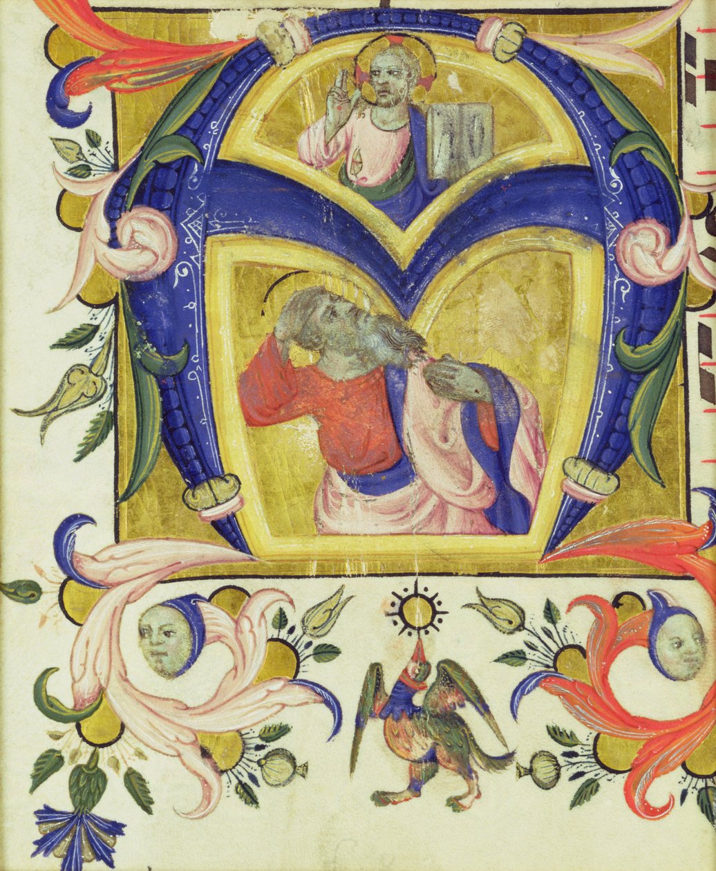 Initial A föreställande Jesus Kristus och ett helgon, tidigt 14:e av Italian School