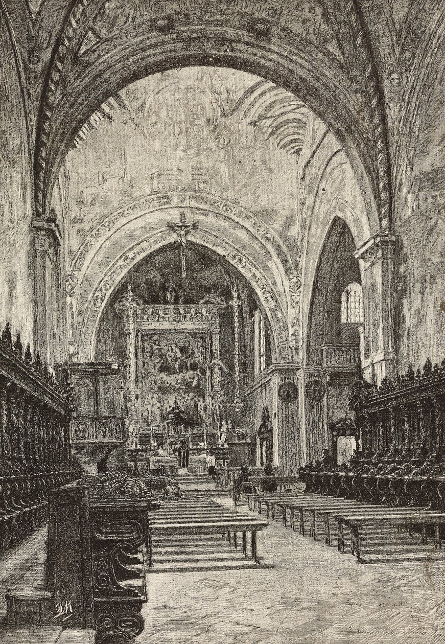 Interiör av Chiaravalle-kyrkan, Italien, gravyr från teckning av Quinto Michetti, från L